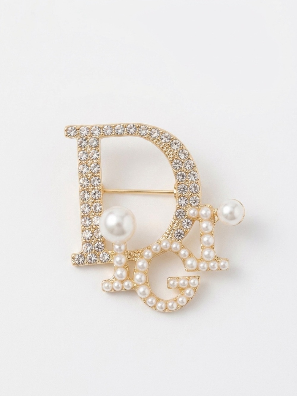 Fashion Jewelry Gold-Tone Crystal & Pearl Letter Brooch